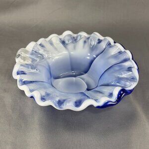 Vtg Kreiss Art Glass Cobalt Blue White Slag Handblown Trinket Bowl Japan